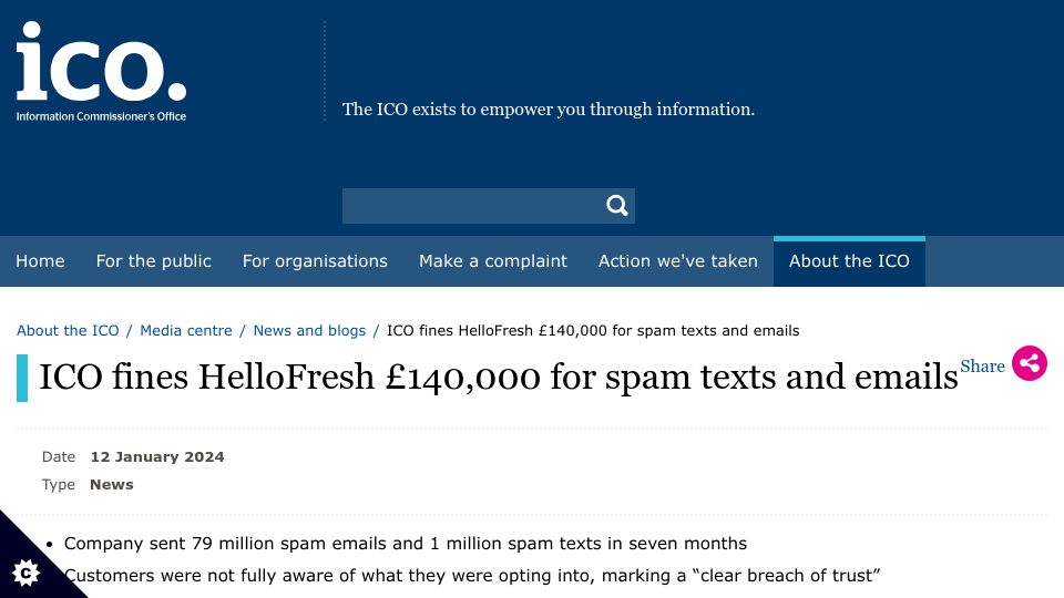 Screenshot of ico.org.uk: ICO fines HelloFresh £140k for spam texts and emails