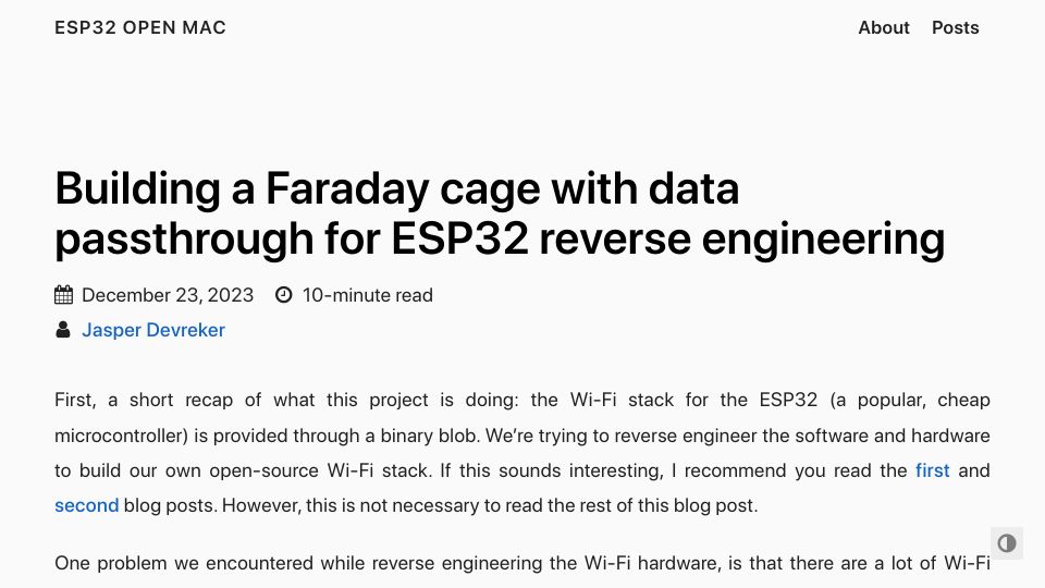 Screenshot of esp32-open-mac.be: Building a Faraday cage with data passthrough for ESP32 reverse engineering