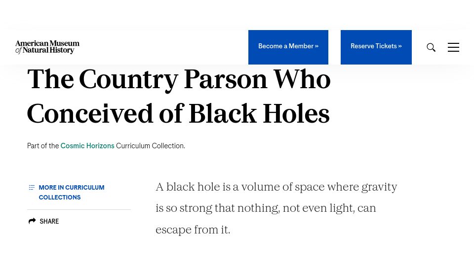 Screenshot of amnh.org: John Michell: Country Parson Described Black Holes in 1783 (2000)