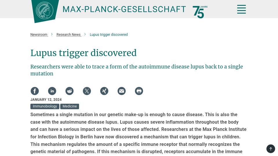 Screenshot of mpg.de: Researchers trace a form of lupus back to a single mutation