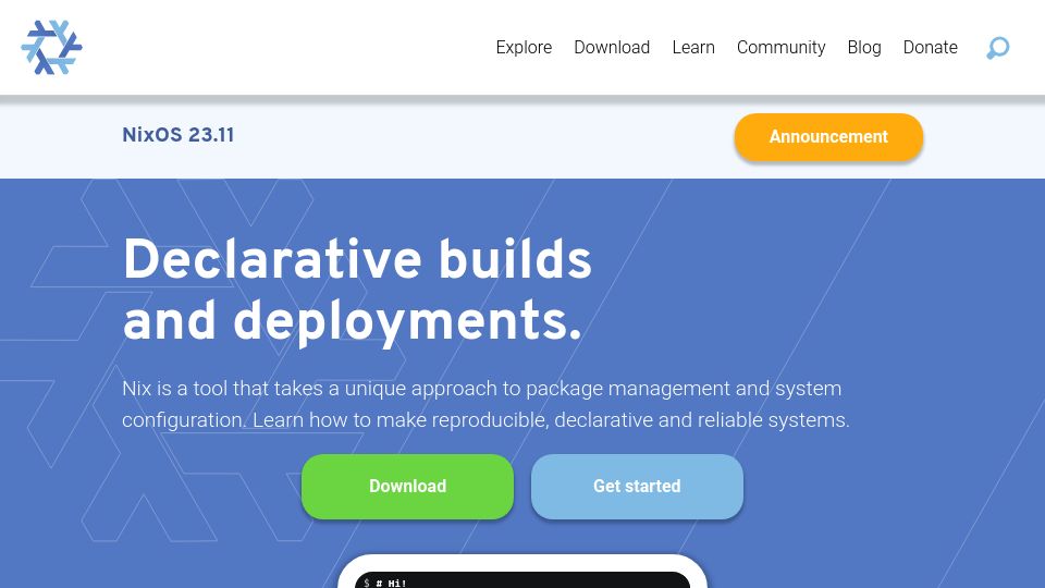 Screenshot of nixos.org: NixOS: Declarative Builds and Deployments