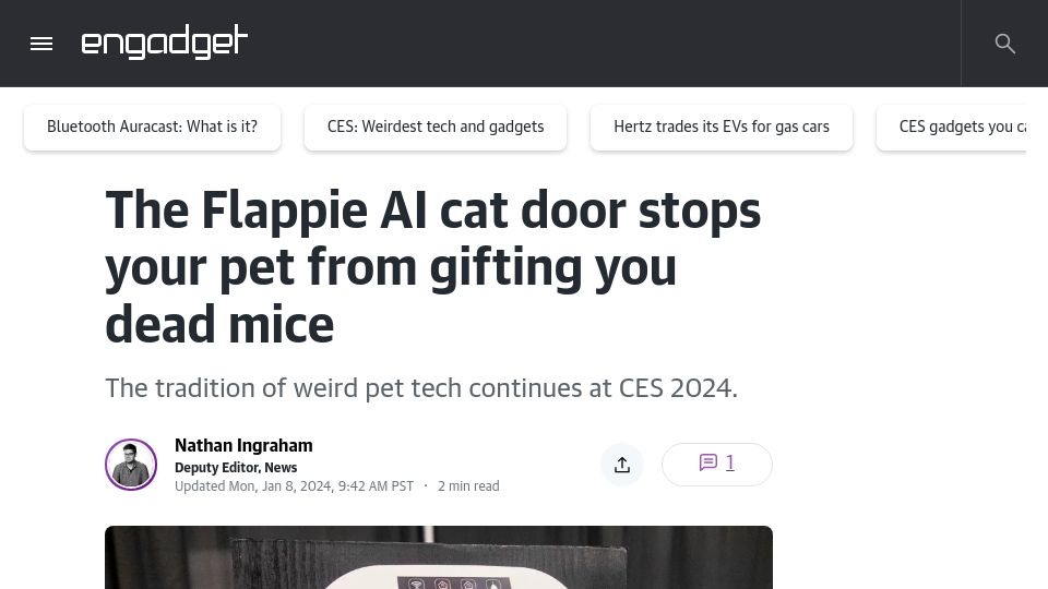 Screenshot of engadget.com: The Flappie AI cat door stops your pet from gifting you dead mice