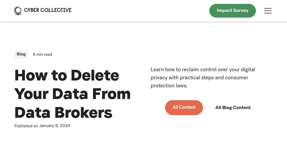 Screenshot of cybercollective.org: How to delete your data from data brokers