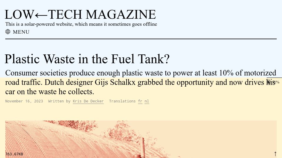 Screenshot of solar.lowtechmagazine.com: Dutch designer drives his car on the plastic waste he collects
