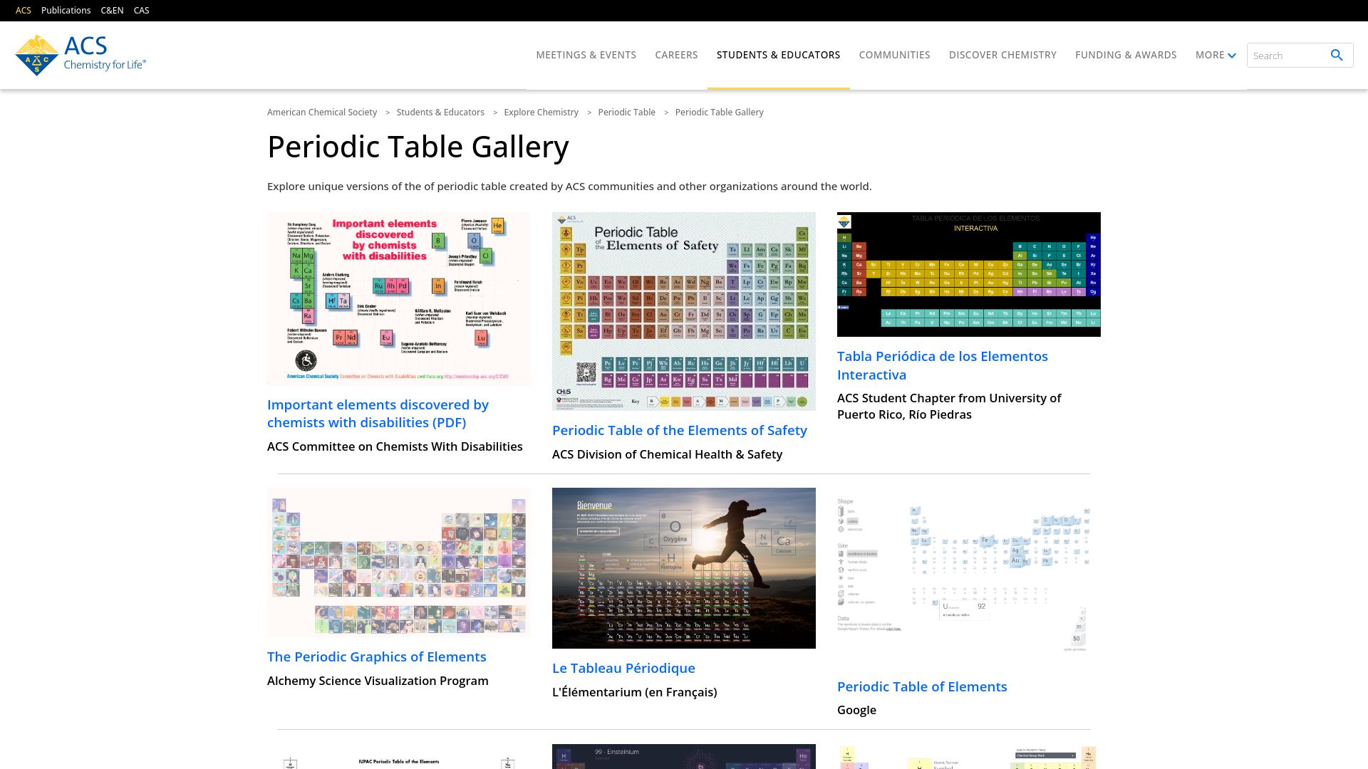 Screenshot of acs.org: Periodic Table Gallery
