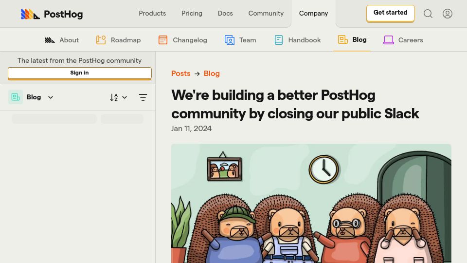 Screenshot of posthog.com: Posthog is closing their Slack community in favor of forum