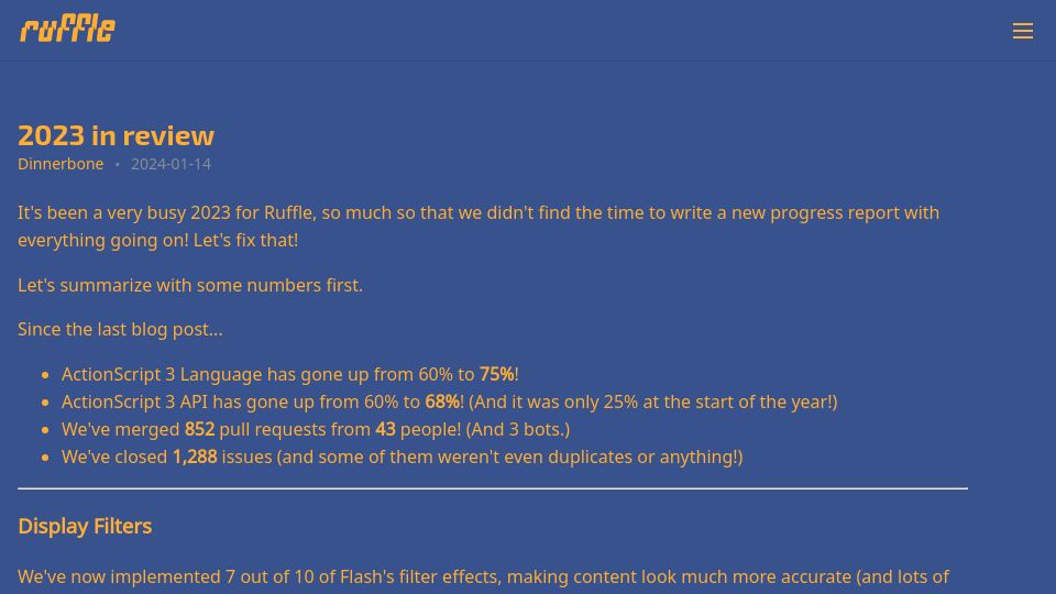 Screenshot of ruffle.rs: Ruffle: 2023 in Review