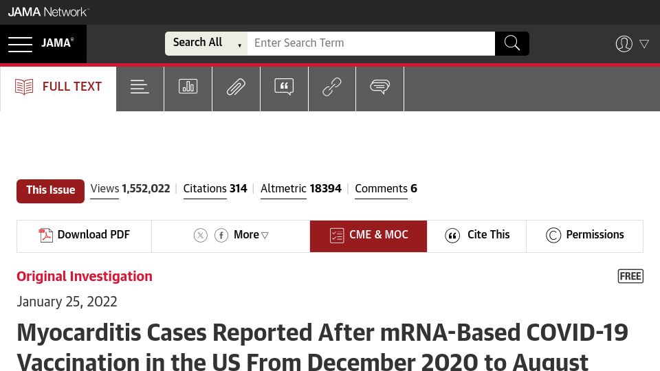 Screenshot of jamanetwork.com: Myocarditis Cases Reported After mRNA-Based Covid-19 Vaccination in the US