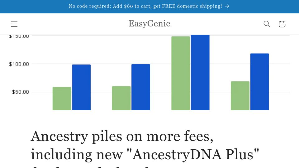 Screenshot of easygenie.org: Ancestry to paywall formerly free features included with DNA kit