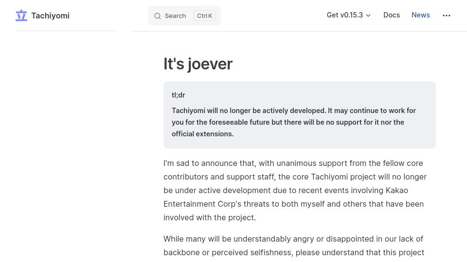 Screenshot of tachiyomi.org: Tachiyomi – It's Joever