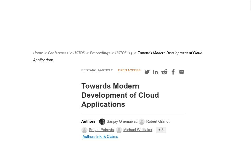 Screenshot of dl.acm.org: Towards Modern Development of Cloud Applications (2023)