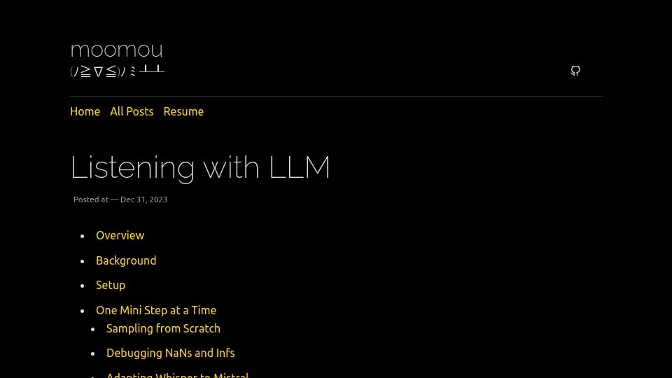 Screenshot of paul.mou.dev: Listening with LLM