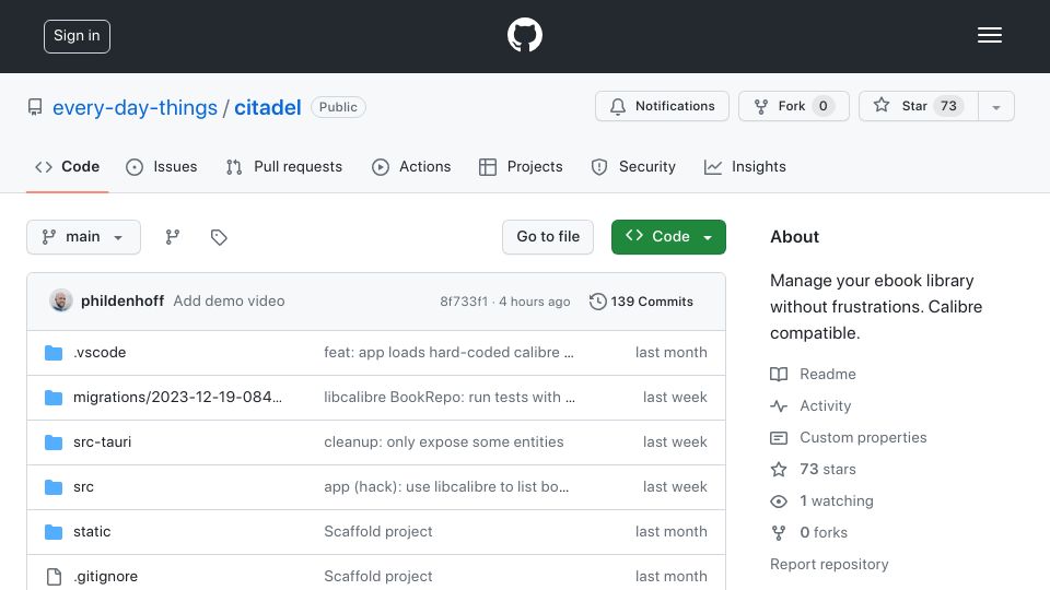 Screenshot of github.com: Show HN: Citadel – a Calibre-compatible eBook management app