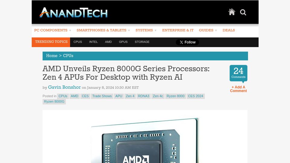 Screenshot of anandtech.com: AMD Unveils Ryzen 8000G Series Processors: Zen 4 APUs for Desktop with Ryzen AI