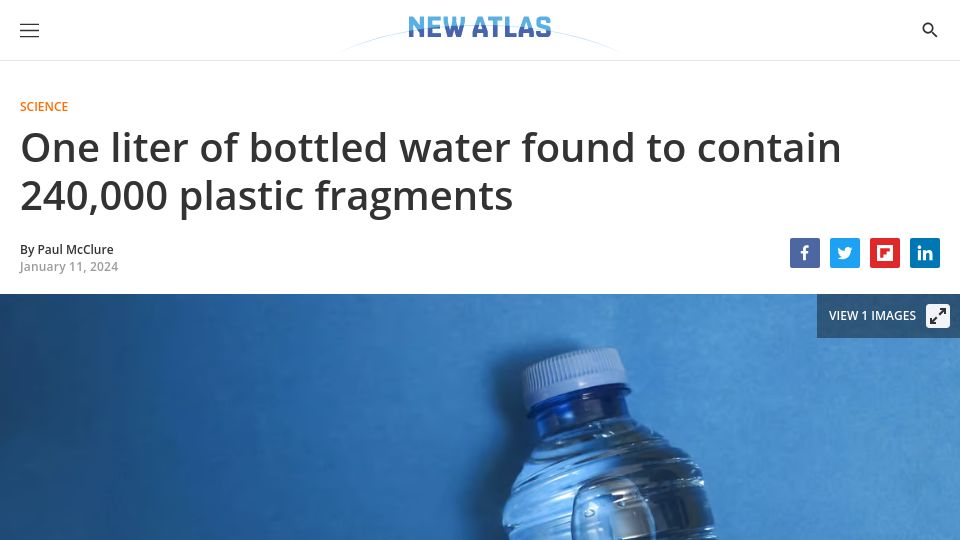 Screenshot of newatlas.com: One liter of bottled water found to contain 240k plastic fragments
