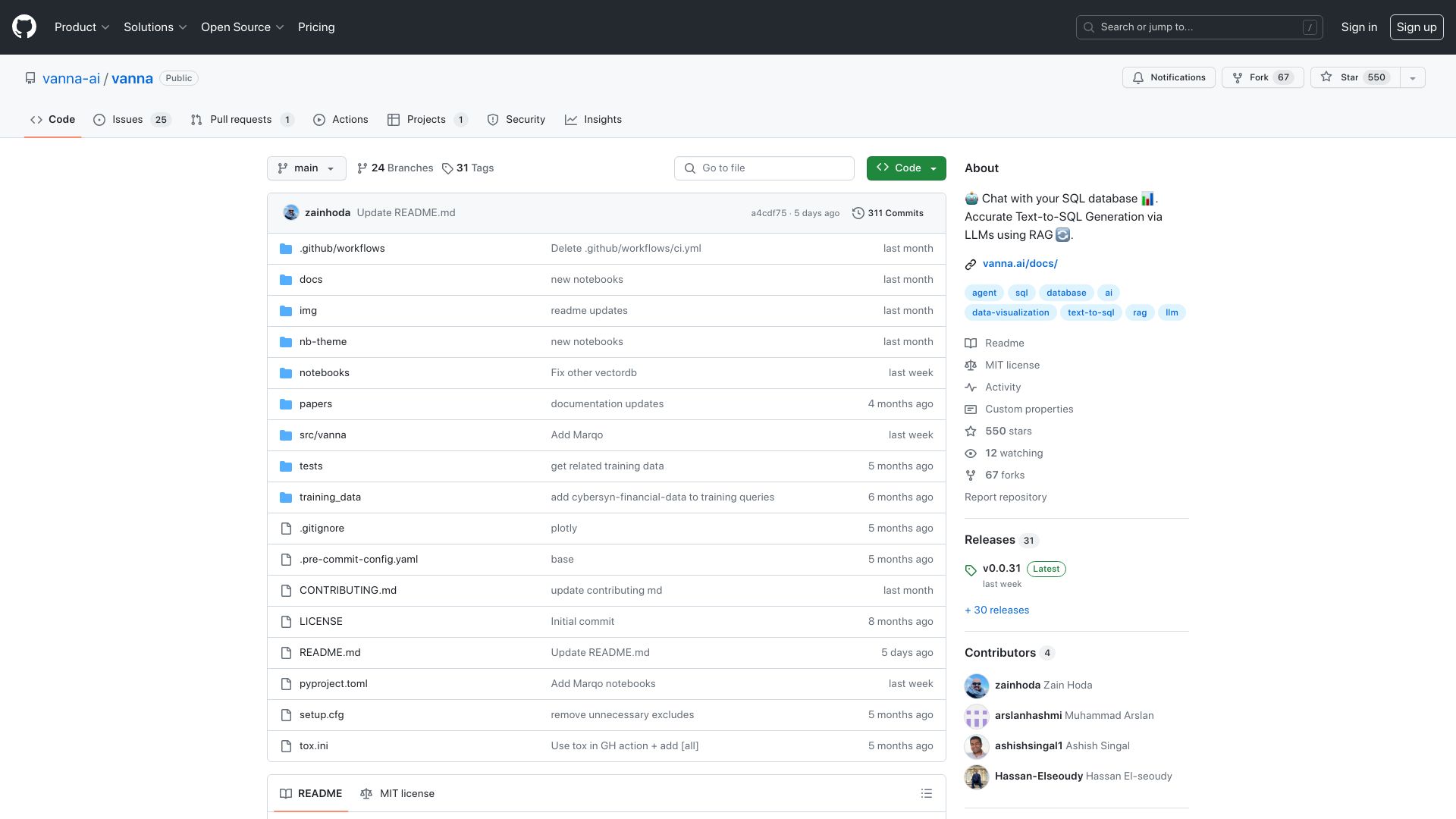 Screenshot of github.com: Vanna.ai: Chat with your SQL database