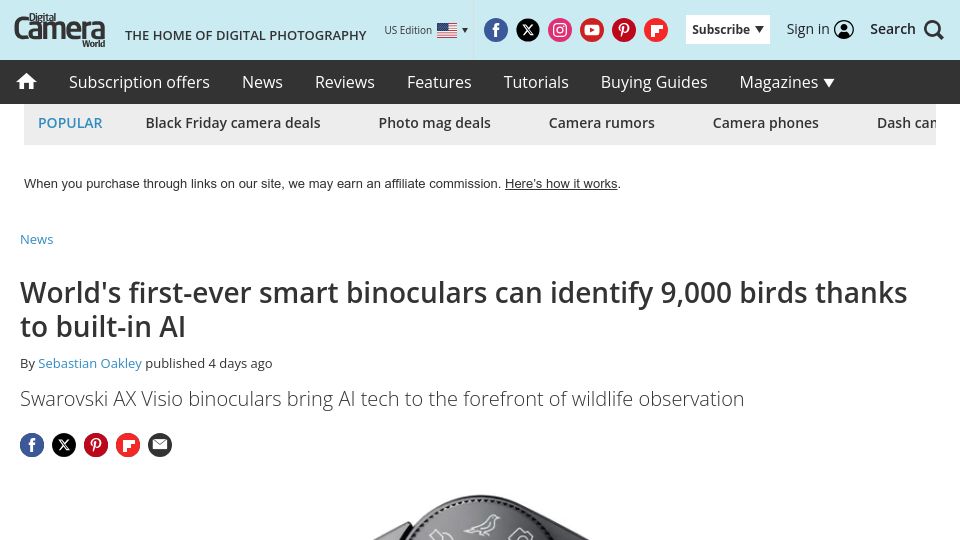 Screenshot of digitalcameraworld.com: Smart binoculars can identify 9k birds