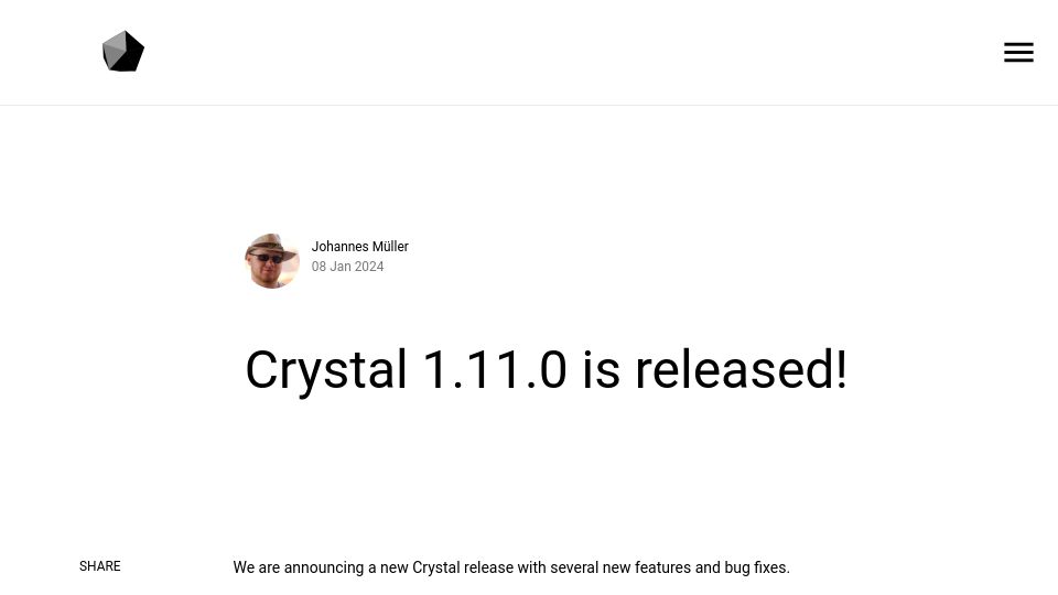 Screenshot of crystal-lang.org: Crystal 1.11.0 Is Released