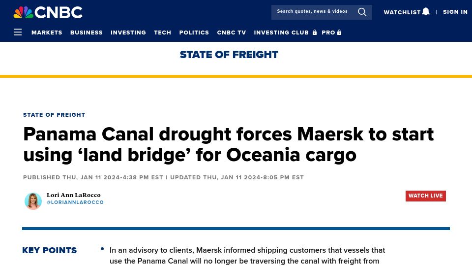 Screenshot of cnbc.com: Panama Canal drought forces Maersk to start using land bridge for Oceania cargo