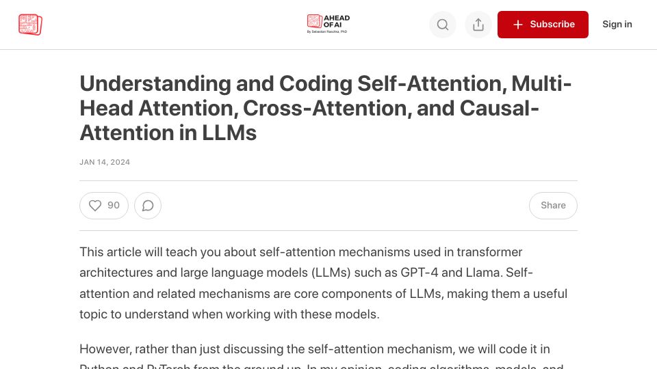 Screenshot of magazine.sebastianraschka.com: Coding Self-Attention, Multi-Head Attention, Cross-Attention, Causal-Attention