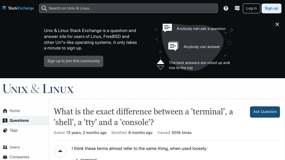 Screenshot of unix.stackexchange.com: What is the difference between a terminal, a shell, a TTY and a console? (2012)