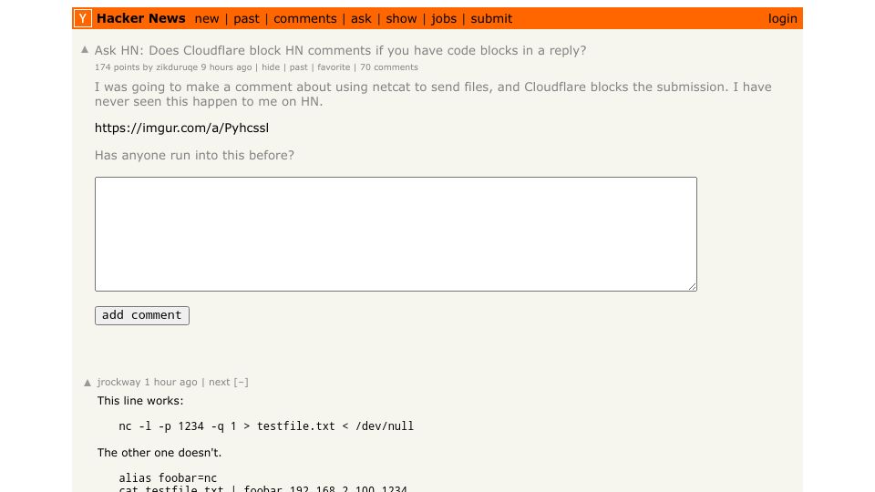 Screenshot of Hacker News post: Ask HN: Does Cloudflare block HN comments if you have code blocks in a reply?