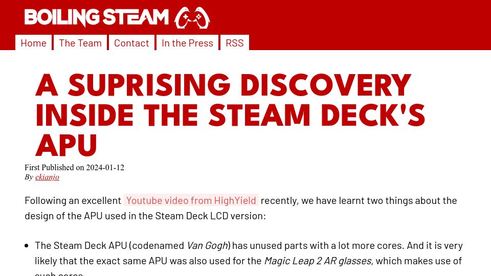 Screenshot of boilingsteam.com: Inside the Steam Deck's APU