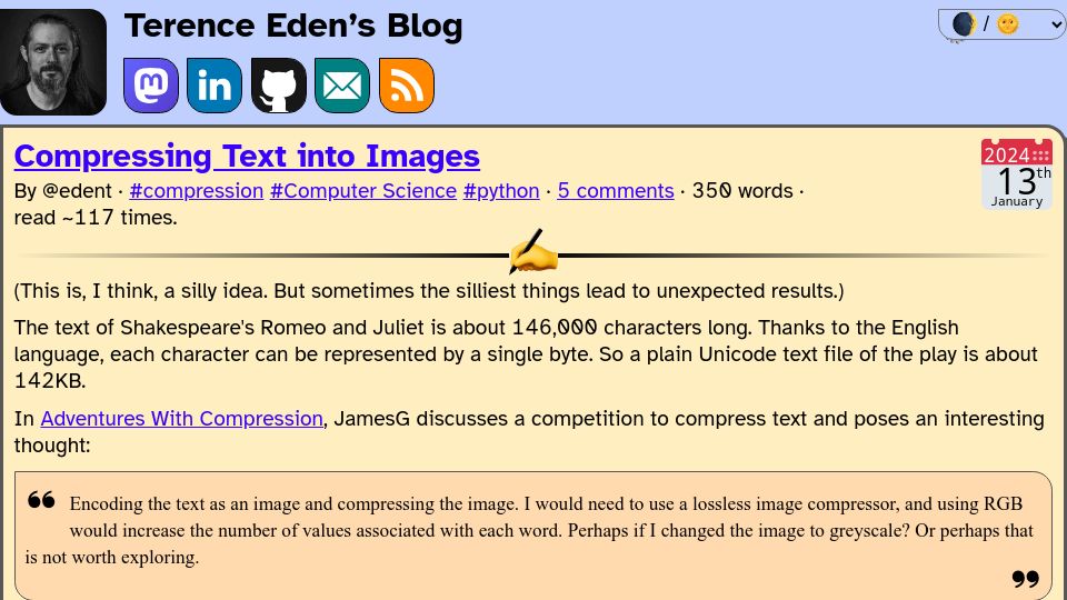 Screenshot of shkspr.mobi: Compressing Text into Images