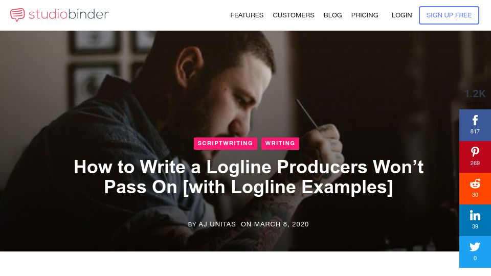 Screenshot of studiobinder.com: How to write a logline producers won't pass on