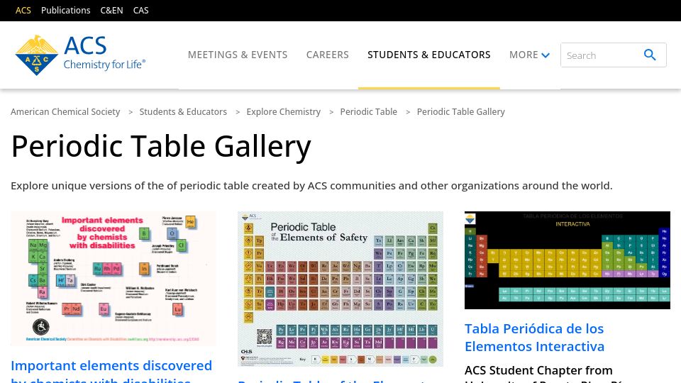 Screenshot of acs.org: Periodic Table Gallery