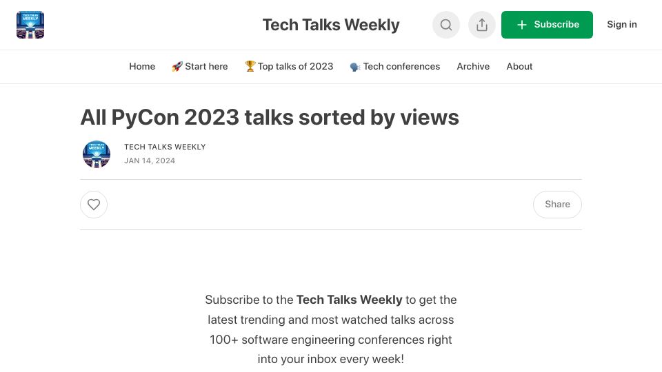 Screenshot of techtalksweekly.substack.com: All PyCon 2023 talks sorted by the view count