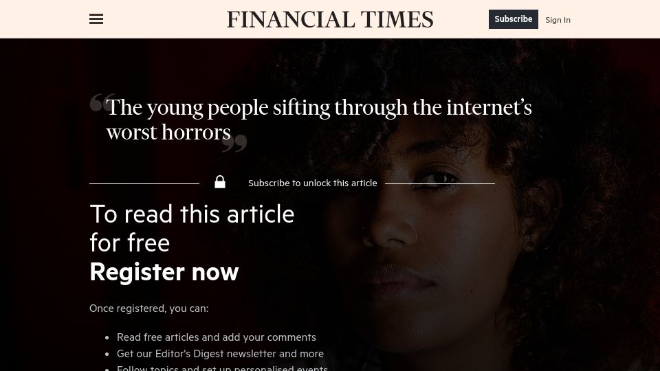 Screenshot of ft.com: The young people sifting through the internet's worst horrors