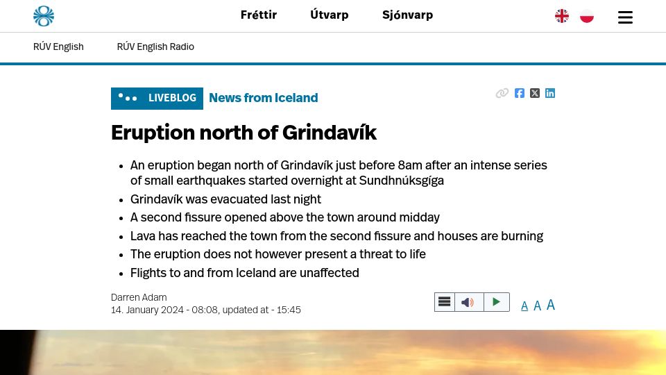 Screenshot of ruv.is: An eruption has begun north of Grindavík