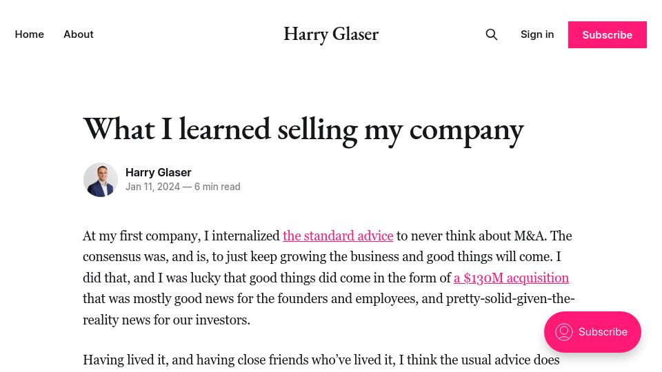 Screenshot of harryglaser.com: What I learned selling my company