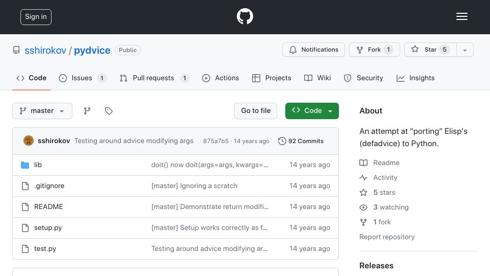 Screenshot of github.com: Pydvice: An attempt at bringing (defadvice) from Elisp to Python