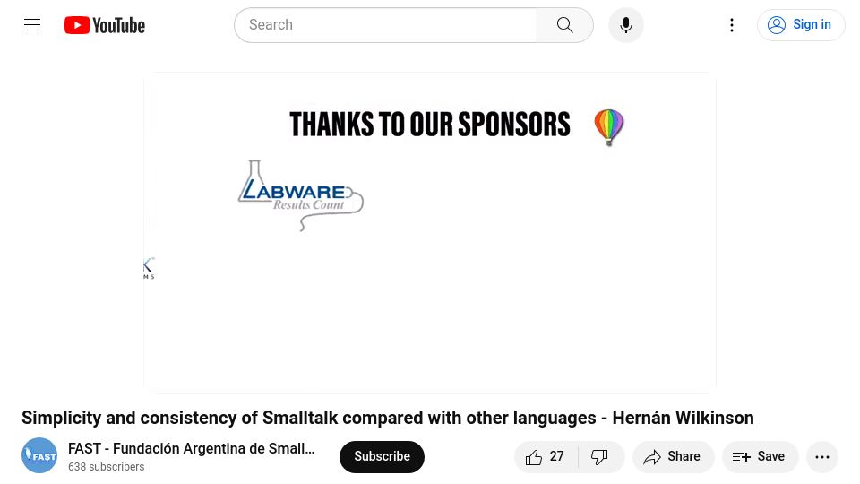 Screenshot of youtube.com: Smalltalk simplicity and consistency vs. other languages (2022) [video]