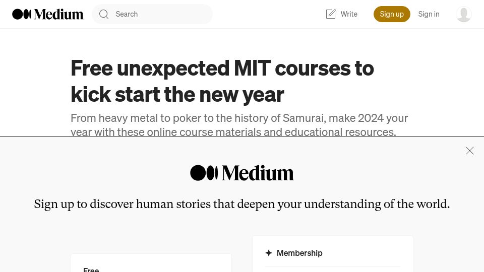 Screenshot of medium.com: Free unexpected MIT courses to kick start the new year