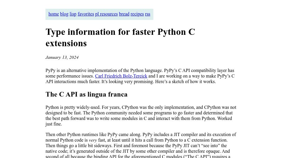 Screenshot of bernsteinbear.com: Type information for faster Python C extensions