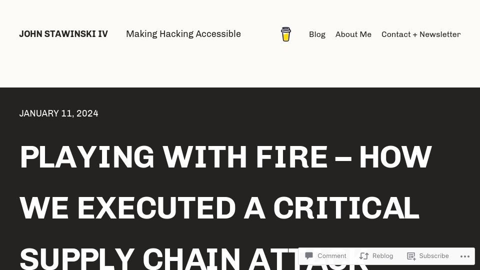 Screenshot of johnstawinski.com: A supply chain attack on PyTorch