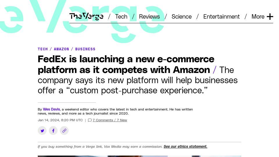 Screenshot of theverge.com: FedEx launches new e-commerce platform