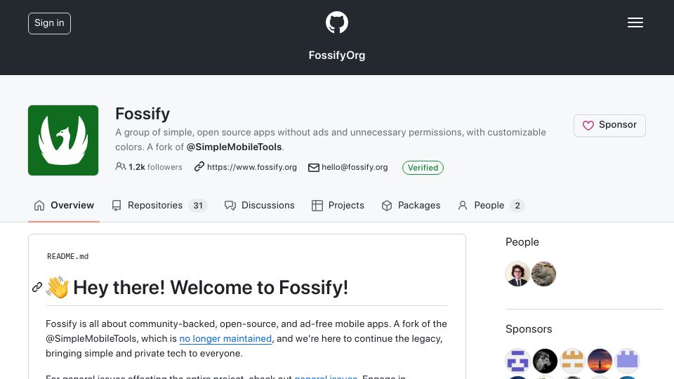 Screenshot of github.com: Fossify – Open-source fork of Simple Mobile Tools