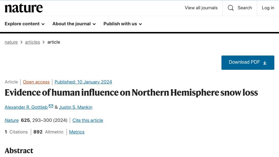 Screenshot of nature.com: Evidence of human influence on Northern Hemisphere snow loss