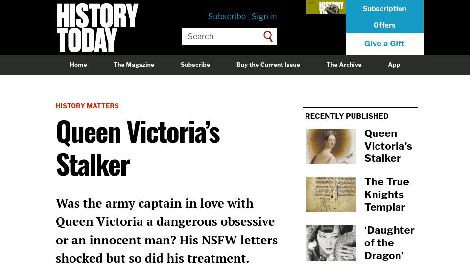 Screenshot of historytoday.com: Queen Victoria's Stalker