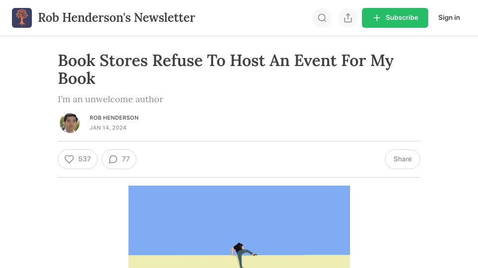 Screenshot of robkhenderson.com: Book Stores Refuse to Host an Event for My Book