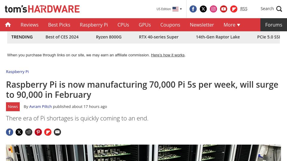 Screenshot of tomshardware.com: Raspberry Pi is manufacturing 70K Raspberry Pi 5s per week