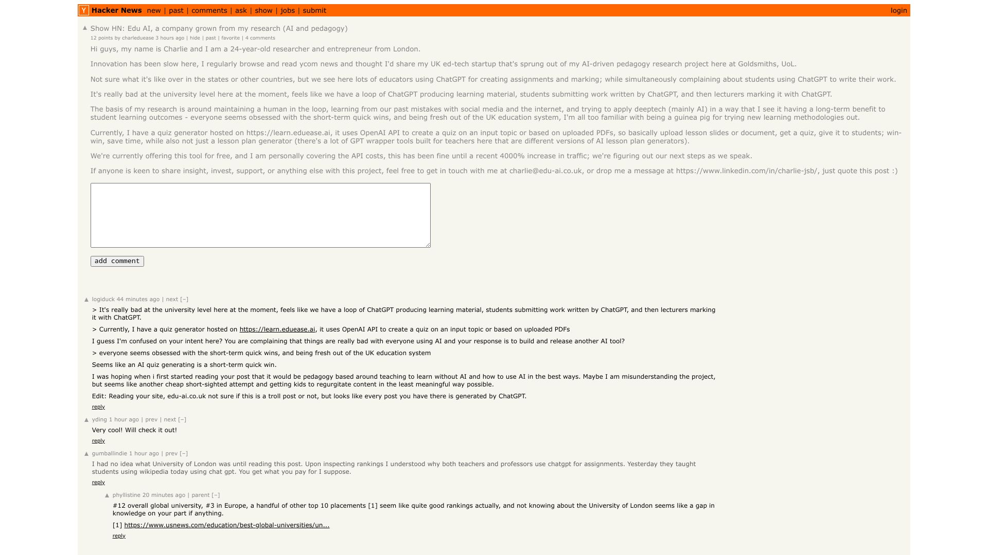 Screenshot of this Hacker News post: Show HN: Edu AI, a company grown from my research (AI and pedagogy)