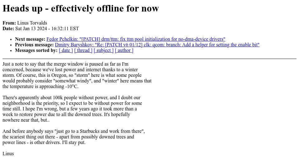 Screenshot of lkml.iu.edu: Heads up – effectively offline for now