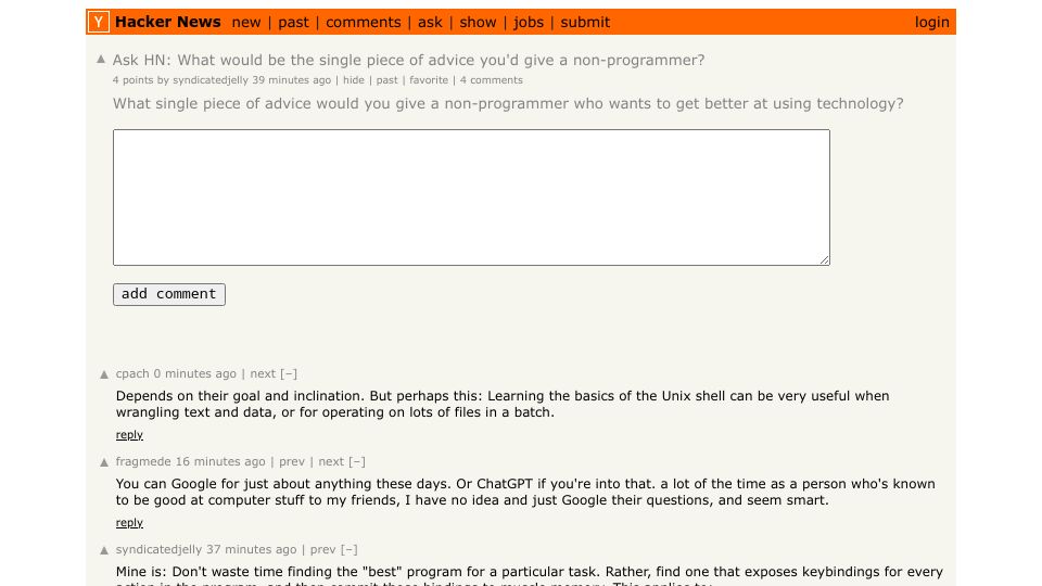 Screenshot of Hacker News post: Ask HN: What would be the single piece of advice you'd give a non-programmer?