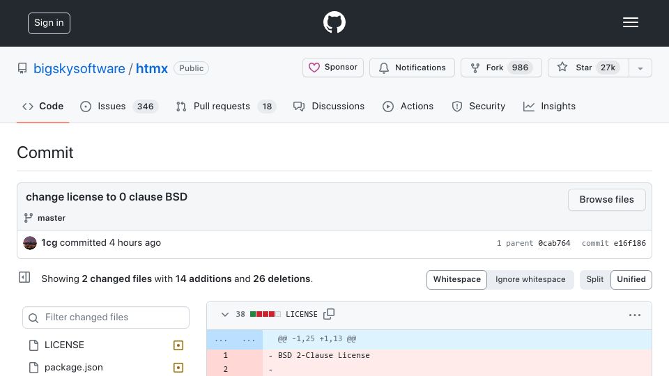 Screenshot of github.com: Htmx changes license to Zero-Clause BSD