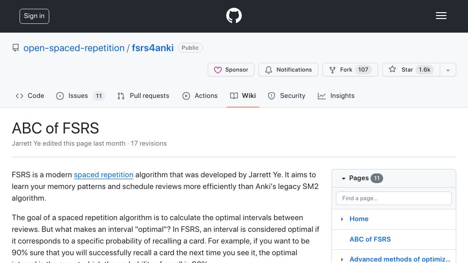Screenshot of github.com: FSRS: A modern, efficient spaced repetition algorithm